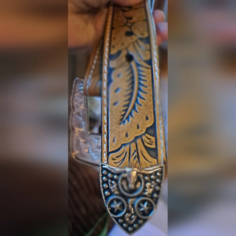 Western Belt Leather Gold Longhorn Bull Rider BullBlack Belt for Pants Size 46